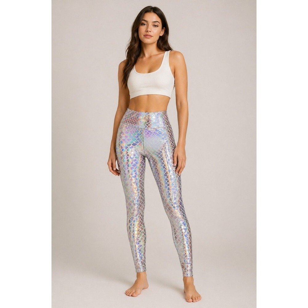 Holographic Mermaid Scale Leggings Women High Waist Festival Rave Pants Trendy